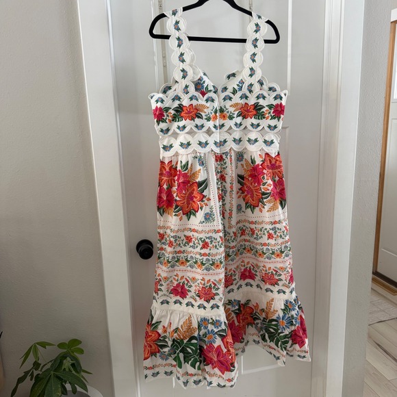 NWT Farm Rio Bloom Garden Midi Dress Off White Floral Embroidered Scallop  XL - Picture 2 of 9